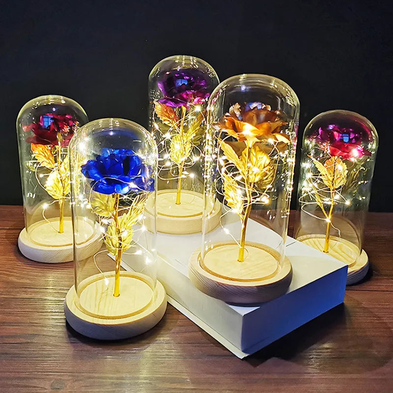 Eternal Rose LED Light Foil Flower In Glass Cover