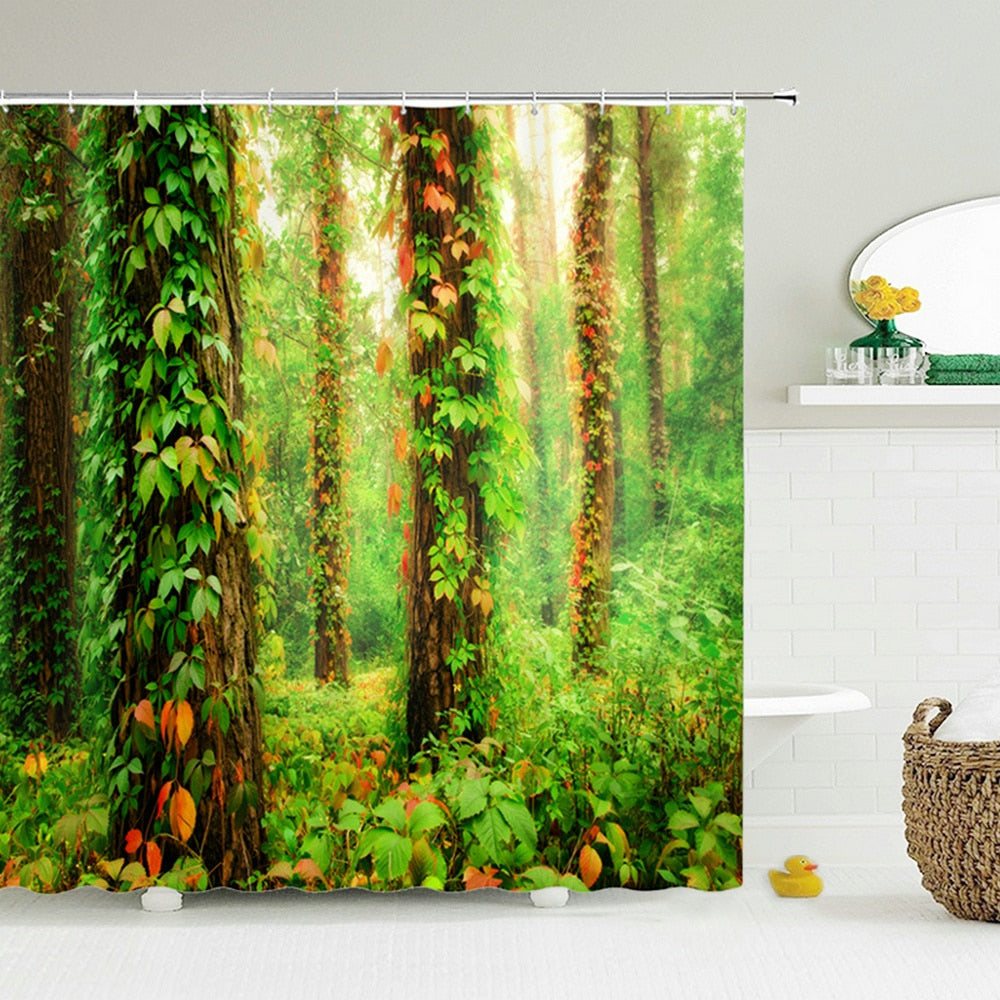 Modern Forest Shower Curtain With Hooks