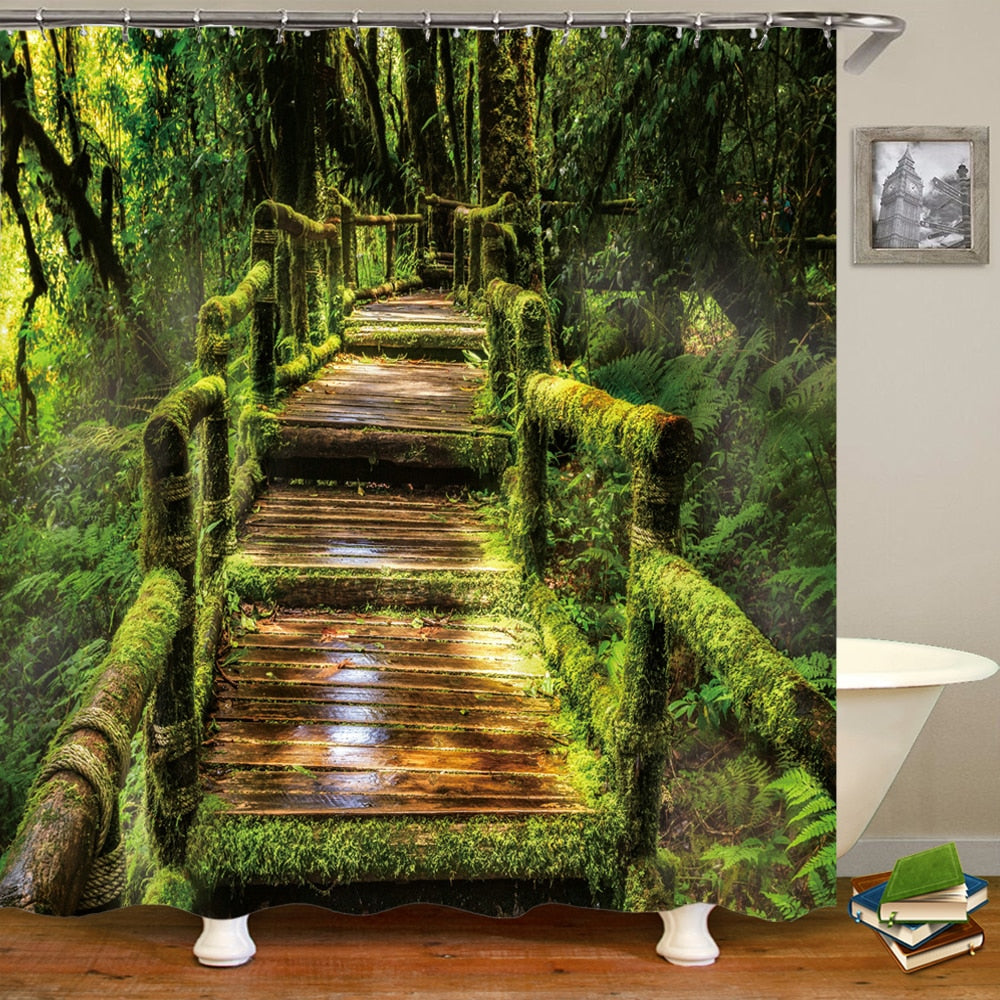Modern Forest Shower Curtain With Hooks