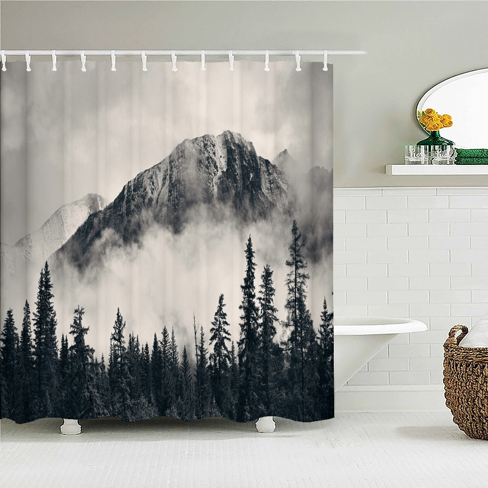 Modern Forest Shower Curtain With Hooks