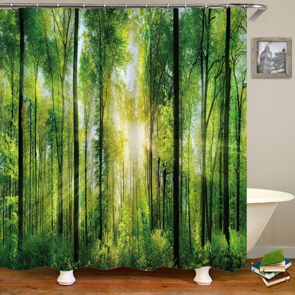 Modern Forest Shower Curtain With Hooks