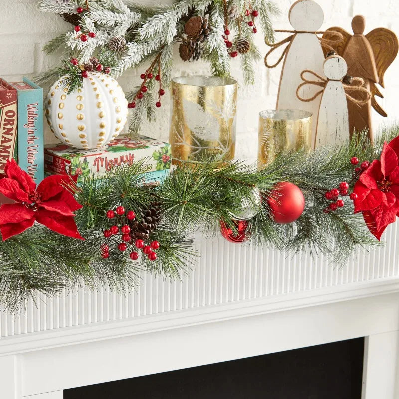 9Ft Holiday Time Red Poinsettia Christmas Garland