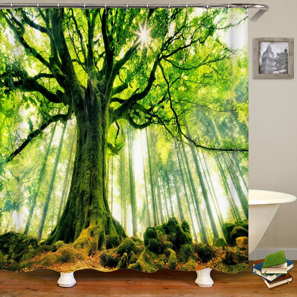 Modern Forest Shower Curtain With Hooks