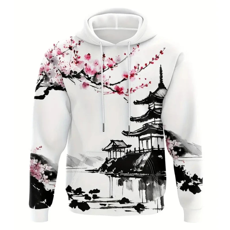 Men's Hoodie Japanese Temples and Cherry Blossoms