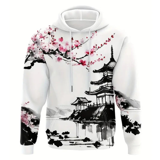 Sudadera con capucha para hombre con templos japoneses y flores de cerezo