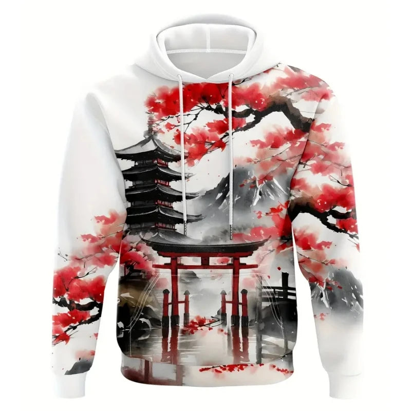 Men's Hoodie Japanese Temples and Cherry Blossoms