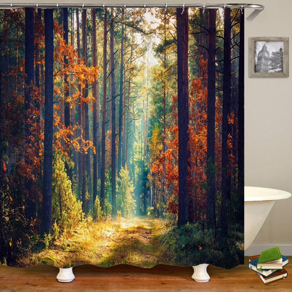 Modern Forest Shower Curtain With Hooks