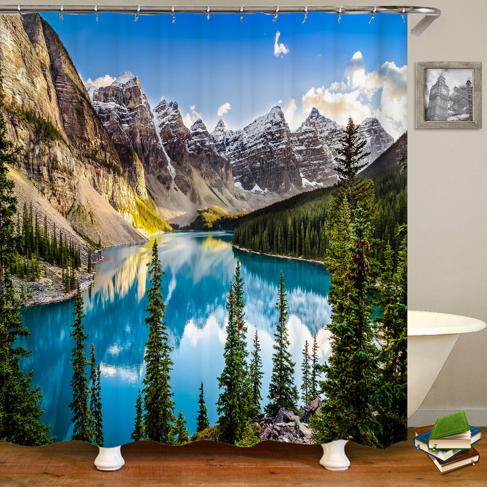 Modern Forest Shower Curtain With Hooks