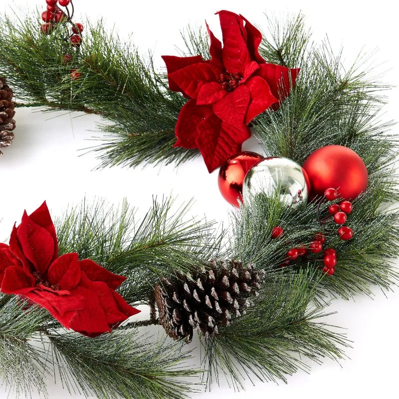 9Ft Holiday Time Red Poinsettia Christmas Garland