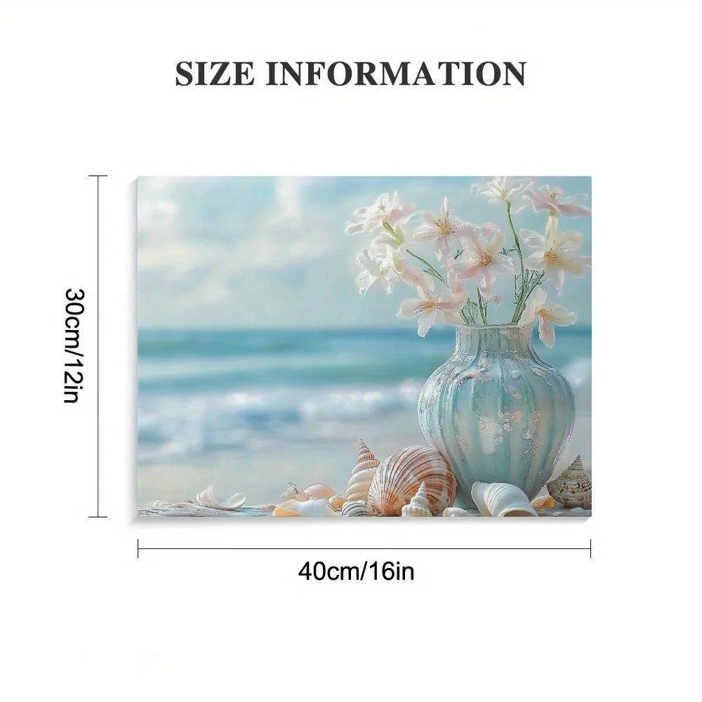 Canvas Beach Scene with Flowers Starfish and Seashells