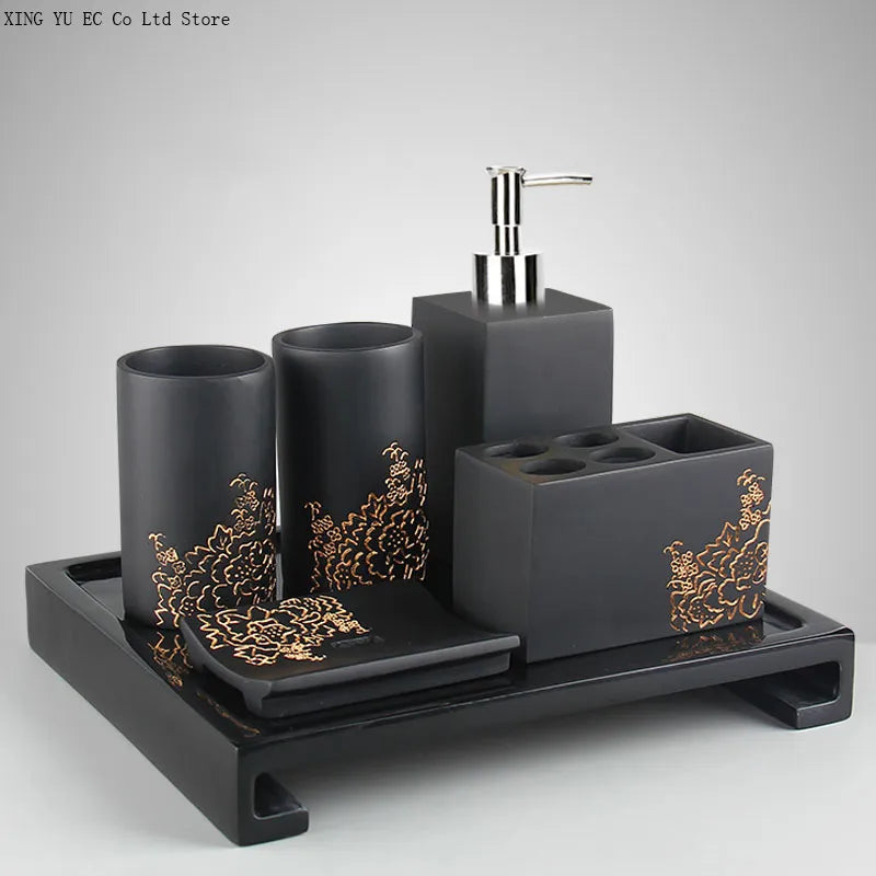 Black & Gold Bathroom Accessories Set