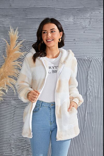 Abrigo con capucha de manga larga a cuadros de tamaño completo de doble toma