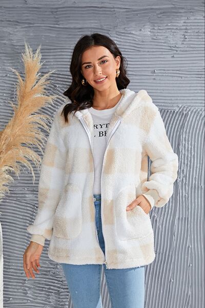 Abrigo con capucha de manga larga a cuadros de tamaño completo de doble toma