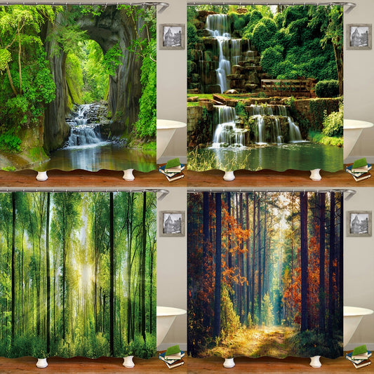 Modern Forest Shower Curtain With Hooks