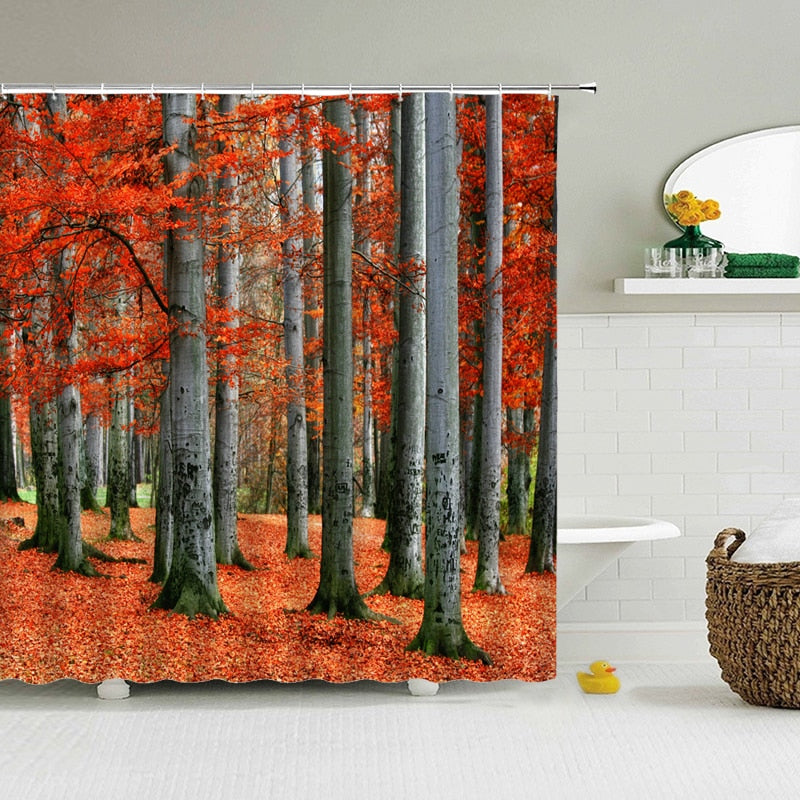 Cortina de ducha de bosque moderna con ganchos
