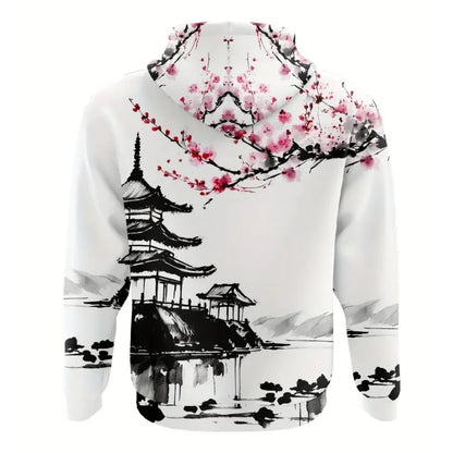 Men's Hoodie Japanese Temples and Cherry Blossoms