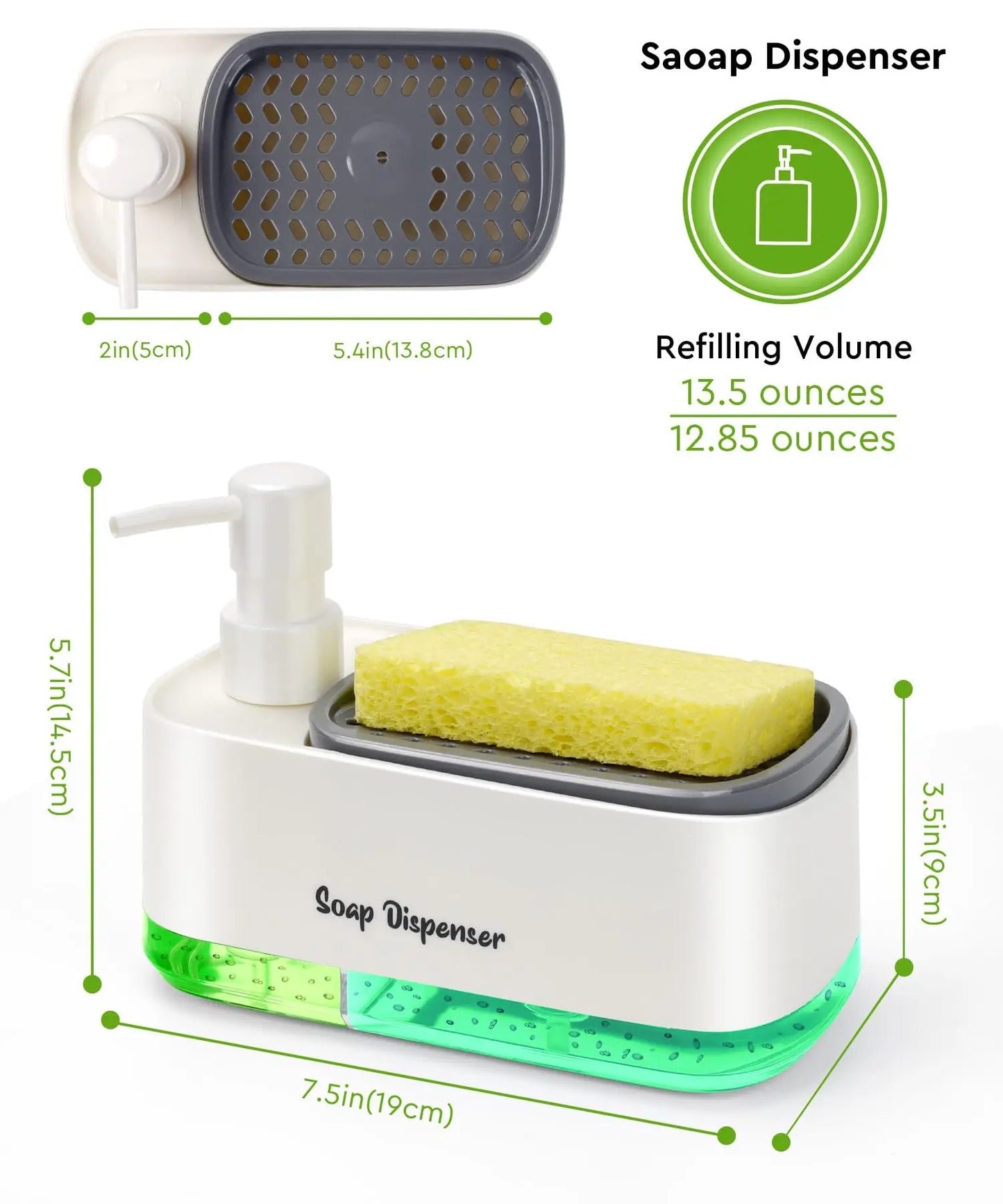 3-in-1 Soap Container- Hand Soap Dispenser, Detergent Dispenser, & Sponge Holder (White)