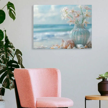 Canvas Beach Scene with Flowers Starfish and Seashells
