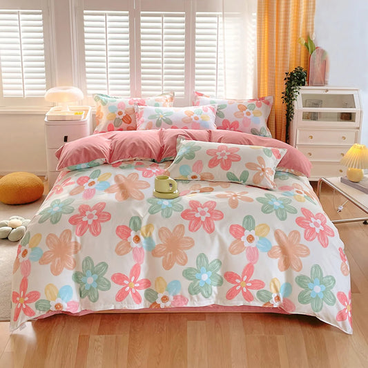 3pc Pink and Flowers Design Bed Set w/ Zipper Closure Duvet Cover and 2 Pillowcases