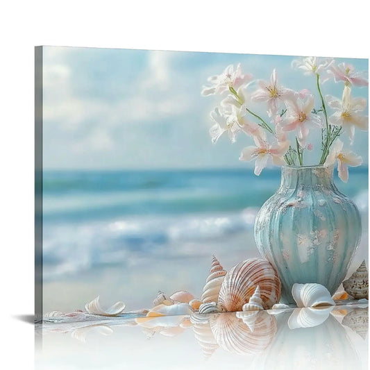 Canvas Beach Scene with Flowers Starfish and Seashells