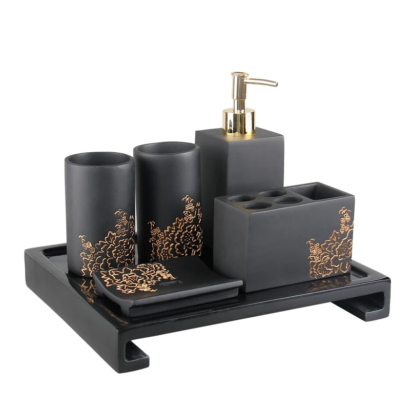 Black & Gold Bathroom Accessories Set