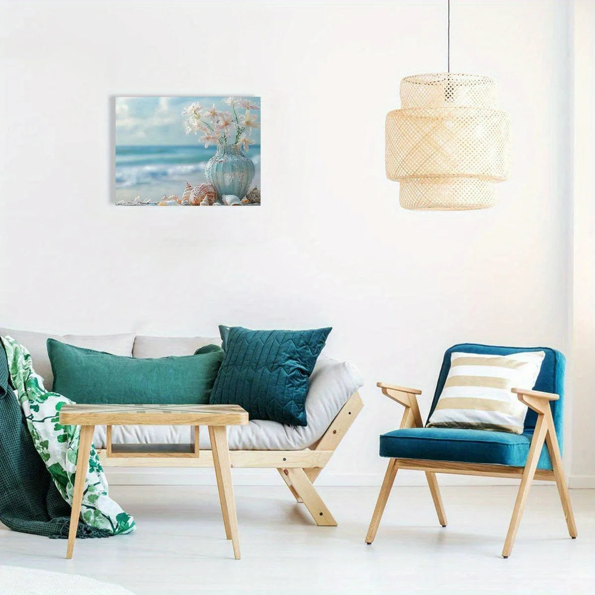 Canvas Beach Scene with Flowers Starfish and Seashells