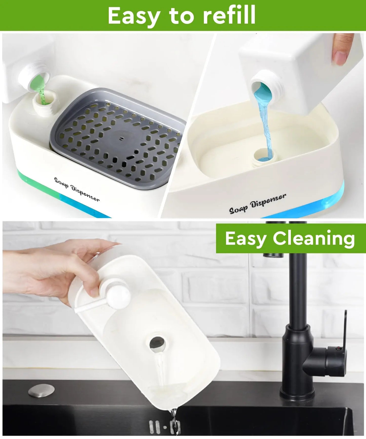3-in-1 Soap Container- Hand Soap Dispenser, Detergent Dispenser, & Sponge Holder (White)