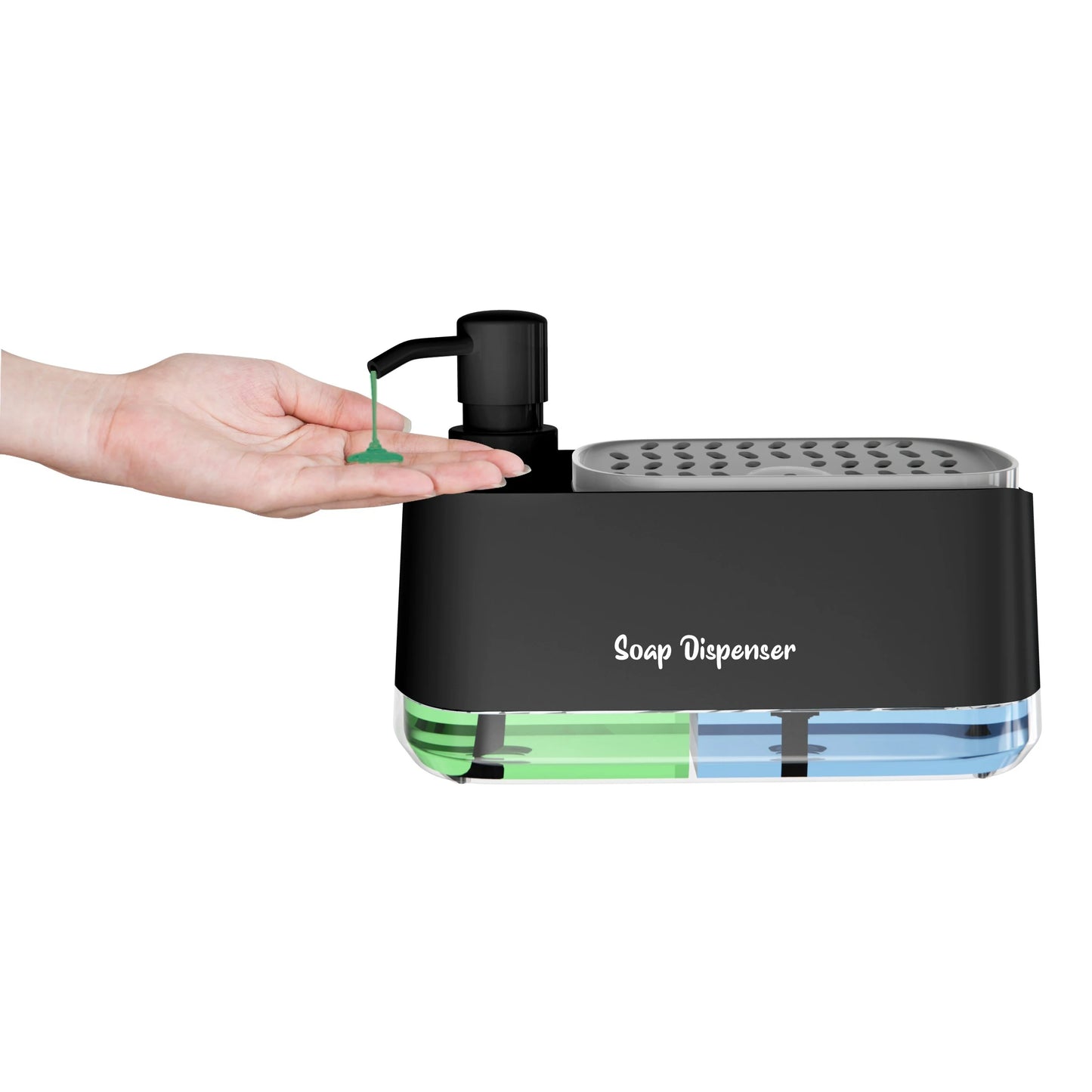 3-in-1 Soap Container- Hand Soap Dispenser, Detergent Dispenser, & Sponge Holder (Black)