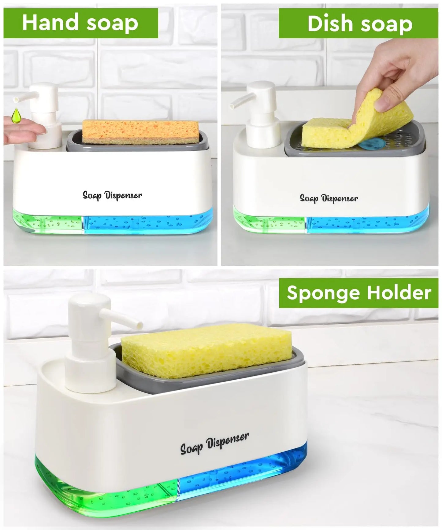 3-in-1 Soap Container- Hand Soap Dispenser, Detergent Dispenser, & Sponge Holder (White)
