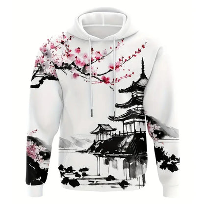 Men's Hoodie Japanese Temples and Cherry Blossoms
