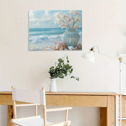 Canvas Beach Scene with Flowers Starfish and Seashells