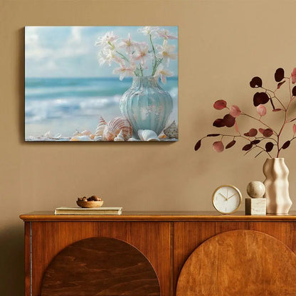 Canvas Beach Scene with Flowers Starfish and Seashells