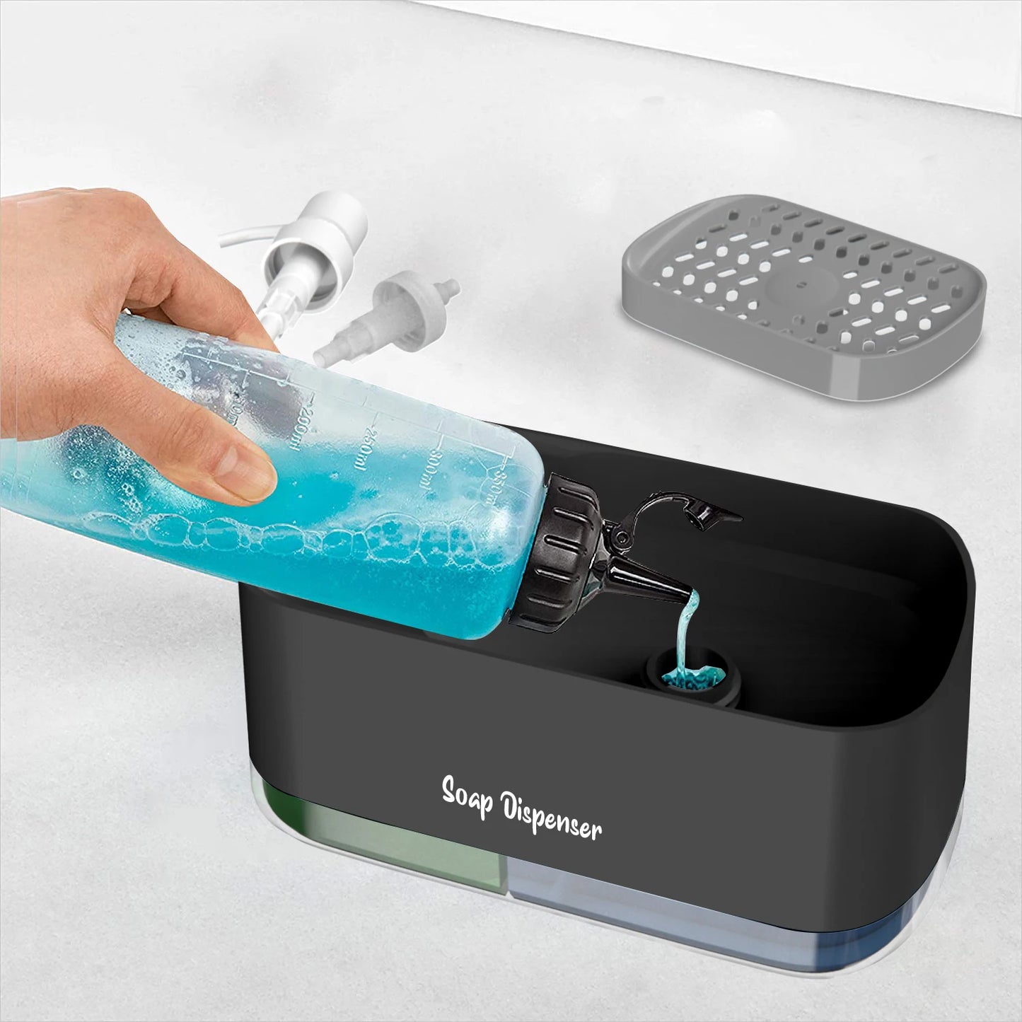3-in-1 Soap Container- Hand Soap Dispenser, Detergent Dispenser, & Sponge Holder (Black)