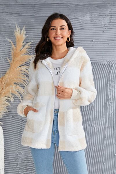 Abrigo con capucha de manga larga a cuadros de tamaño completo de doble toma