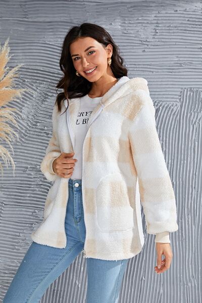 Abrigo con capucha de manga larga a cuadros de tamaño completo de doble toma